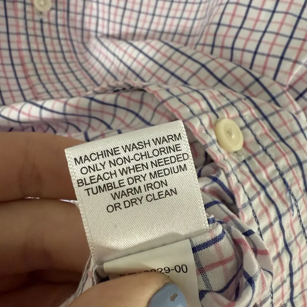 Banana Republic Dress Shirt Men's Medium 15.5 White Pink Plaid Button Up Long Sl